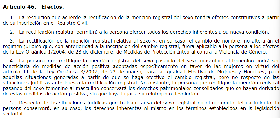 Captura del artículo 46 de la ley trans sobre la ley de violencia de género tras un cambio del sexo registral